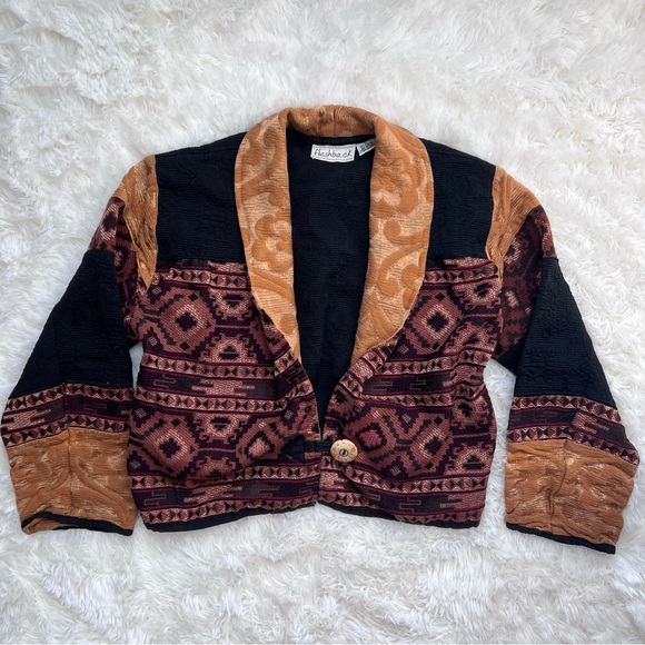 Flashback Sweaters - Vintage “Flashback” Black and Orange Patchwork Emboidered Cardigan Jacket